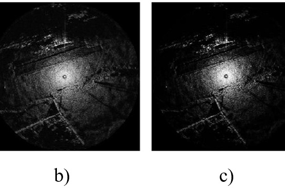 Figure 5 – Radar image frame at fixed shift value c = 14 and variations of steepness parameter: a) 0.05 b) 0.1 c) 0.2 d) 0.5