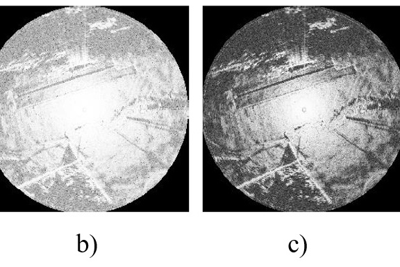 Figure 4. Radar image frame: (a) without preliminary processing (b) using preprocessing by left inflection (c) using preprocessing by maximum point (d) using preprocessing by right inflection