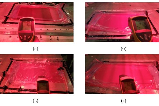 Рис. 5. Время инфузии смолы в углеродную ткань с различной температурой: а) при температуре 30℃, б) при температуре 40℃, в) при температуре 50℃, г) при температуре 60℃