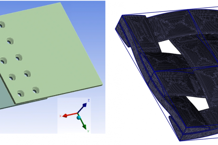 Figure 2. Composite plate with holes (a) and finite element mesh for composite RVE (b), which were used in the calculations