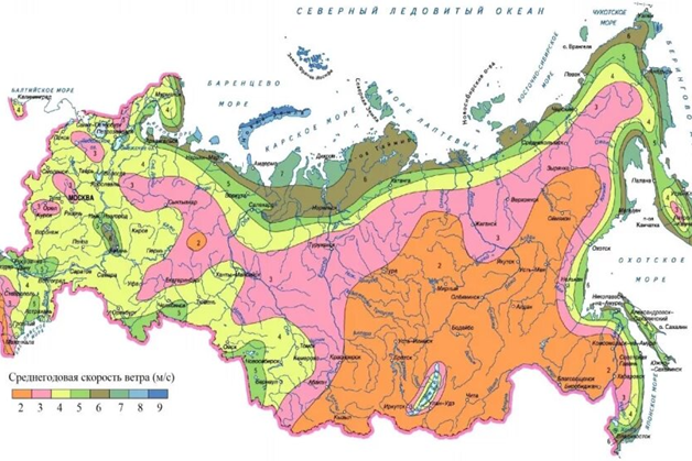 Рис. 1. Карта распределения среднегодовой скорости ветра на территории России