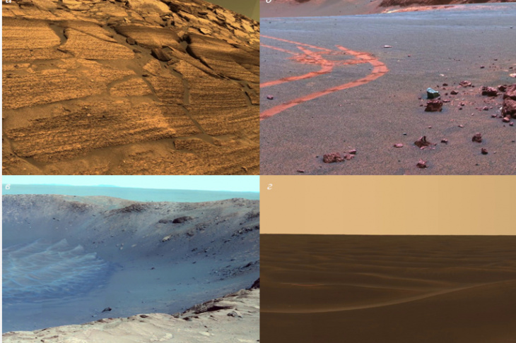 Рис. 2. Марсианская топография: а — обрыв Бернса (Burns Сliff); б — плато Меридиана (Meridiani Planum); в — кратер Санта-Мария (Santa Maria crater); г — пустынный регион