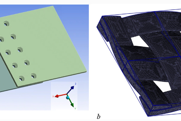 Fig. 2. Composite plate with holes (a) and finite element mesh for composite RVE (b), which were used in the calculations