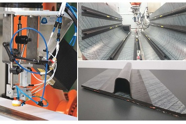 Fig. 12. Stelia Aerospace technologies: automated laying, welding: a — welding machine; b — stringer panel welding process; c — welded stringer panel sample