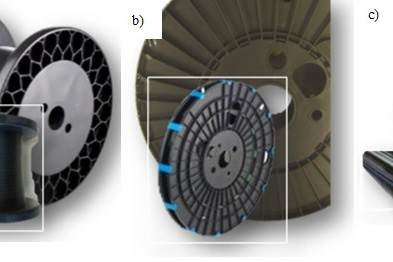 Fig. 14. BÜFA thermoplastic prepregs: a — wide prepreg bobbin; b — narrow prepreg strip; c — standard prepreg