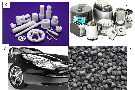 Fig. 6. Products from PCM on a thermoplastic binder with short fibers: a — parts of pumping equipment and pipeline fittings; b — cases of various devices; c — car bodies; d — PES granules with short fibers