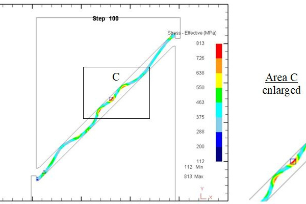 Fig. 8. Distribution of displacements and stresses during deformation according to scheme C