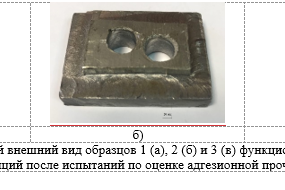 Рис. 3. Характерный внешний вид образцов функционально-организованных композиций после испытаний по оценке адгезионной прочности: а — образец 1; б — образец 2; в — образец 3