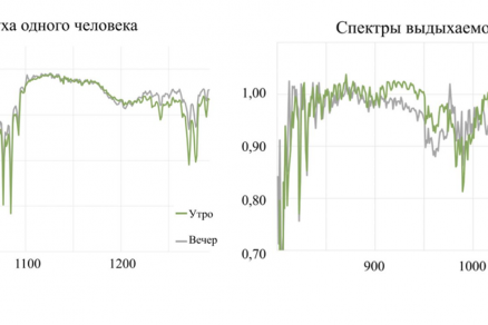 Рис. 3. Экспериментальные ИК-спектры выдыхаемого воздуха одного человека в разное время суток (а) и двух людей, которые длительное время находились в одной комнате в одинаковых клинических условиях (б)