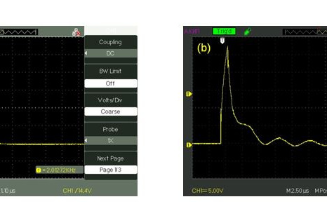 Рис. 5. Осциллограмма импульса: a — вид импульса, когда датчик находится на воздухе; b — датчик погружен в воду