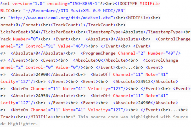 Fig. 4. An example of an XML file obtained from MIDI after encoding