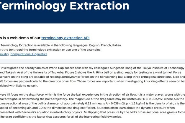 Рис. 7. Демоверсия веб-инструмента для автоматической разметки текста Terminology Extraction