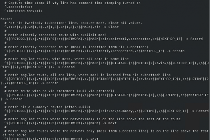 Fig. 2. Text_fsm template written to retrieve the output of the "show ip route" command as a json file from Zelax type network device operating systems